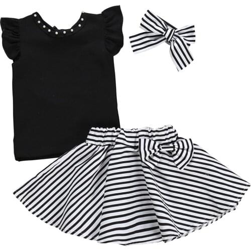 Fashion Infant Baby Girls Kids Clothing Set Short sleeve T-shirt Tops+striped Short skirt+Headband 3pcs girl Children Clothes