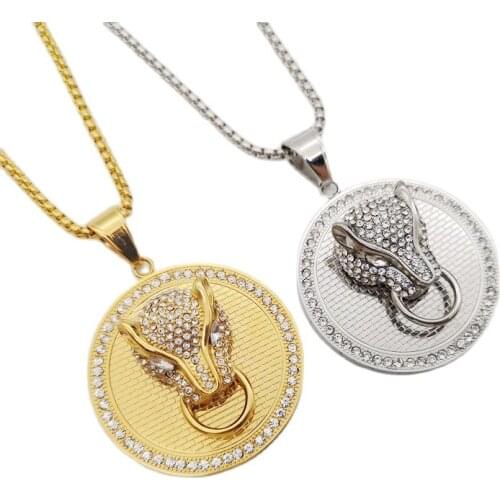 Cool Bling Bling full rhinestones Leopard head pendant necklace Gold color stainless steel animal 3D leopard circle necklace