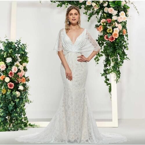 Tanpell Mermaid Lace Wedding Dress Ivory V-Neck With Half Sleeves Backless Floor-Length Sweep Train Simple Bridal Wedding Dress