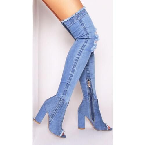 Fashion Woman Chunky High Heels Blue Denim Cloth Boots Ladies Peep Toe Spring Over The Knee Boots Cowboy Side Zipper Thigh Boot