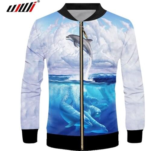 UJWI 3D Full-body Print Dolphin Graphic Jacket Blue Ocean Fashion Casual Sports Clothes Mens Oversized Zipper Jacket Dropship