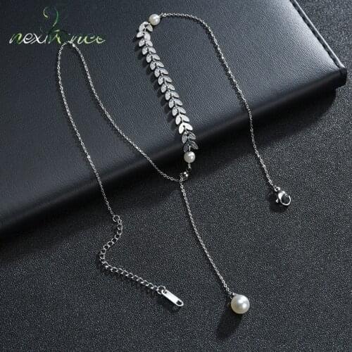 Nextvance Wheat Ears Pearl Y Type Pendant Necklace Stainless Steel Necklace for Family Girl Lover Anniversary Birthday Gift