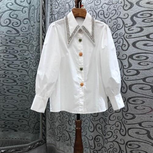2021 Summer New Fashion Court Style V-neck Beaded Bow Puff Sleeve Cinched Slimming Blue Blouse Female Retro All-match Shirt