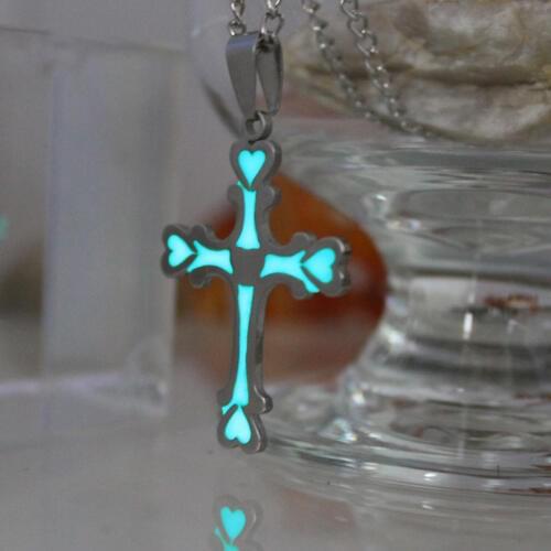 New Glowing CROSS Necklace cross love stainless steel Necklace GLOW in the DARK night Fluorescent Christmas gifts men women