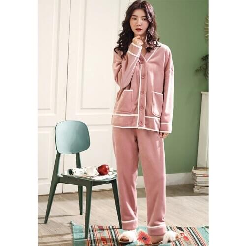 Pure Color Pajamas Women Winter Thick Composite Velvet Long-sleeved Cardigan To Keep Warm and Fashionable Home Sleepwear Set