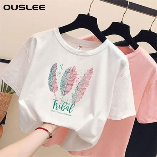 Ouslee Women Summer Fashion Feathers Print 100% Cotton T-Shirt Plus Size S-5XL O-Neck Short Sleeve Ladies Basic Pink Tee Tops