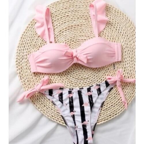 Striped Lace Ruffle on Push Womens Bralette Swimsuit Women Swimwear Bra Cup Bikini Set High Help Swimsuit