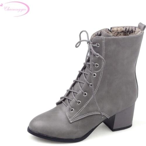 Chainingyee casual comfortable round toe autumn ankle boots fashion lace up beige grey black high-heeled women riding boots