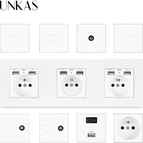 UNKAS 3 Gang French Socket Dual USB + HDMI-Compatible Port USB 3.0 Jack TV RJ11 Telephone RJ45 Internet PC Plastic Panel Outlet
