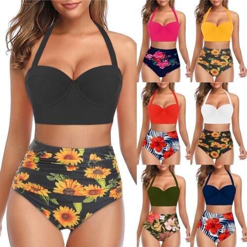 #Z45 High Waist Bikini Women Floral Print Plus Size Swimwear Two Piece Swimsuit Tankini Bikini Set Swimming Suit For Women