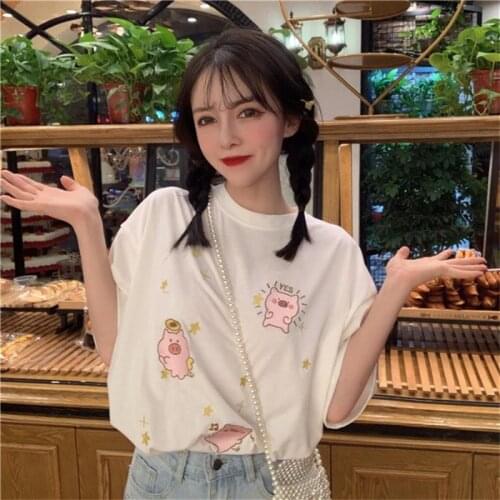 Casual Loose Piggy Ins Lazy T-shirt Womens T-shirts Tops Japanese Kawaii Ulzzang Female Korean Harajuku Clothes For Women