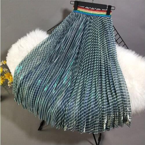 Waist New green color stripe pleated skirts posed elegant net veil bust skirt of summer A word women s