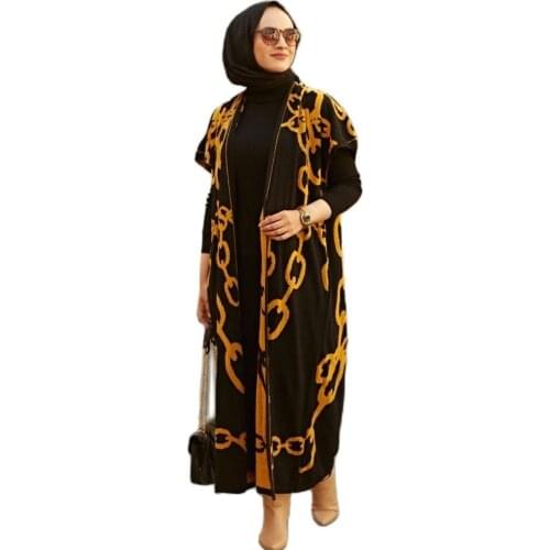 2 Pieces Chain Pattern Knitted Muslim Set Maxi Dress and Cardigan Abaya Hijab Dress Muslim Dress Woman Turkey Dubai Aid Moubarek