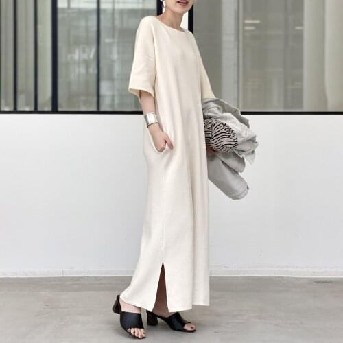 Women Korean Style Long T Shirt Dress 2021 Summer Casual Fashion Apricot Loose Maxi Dresses Short Sleeve Pocket Robe Elegant HOT