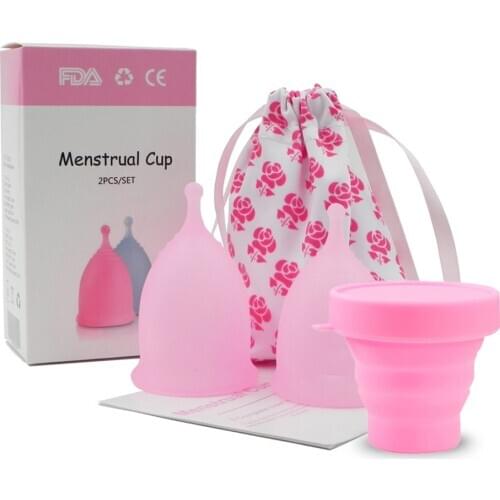 2Pcs Medical Silicone Menstrual Cup Feminine Hygiene Menstrual Cup Sterilizing Copa for Women Menstrual Period with Folding Cup
