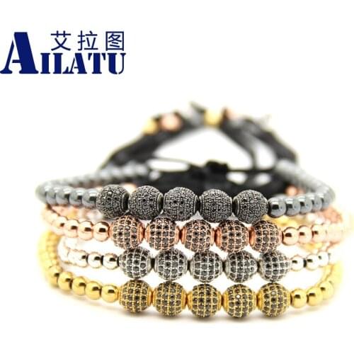 Ailatu Wholesale 10 Pieces CZ Ball Bracelet 6mm Copper Disco with 4mm Stainless Steel Beads Braiding Jewelry For Men & Women