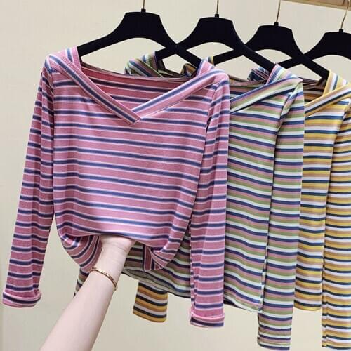 Long Sleeve T Shirt Women 2020 Spring Autumn Tops Striped Base Tees Female Casual V-Neck Pink T-Shirts Plus Size 2021