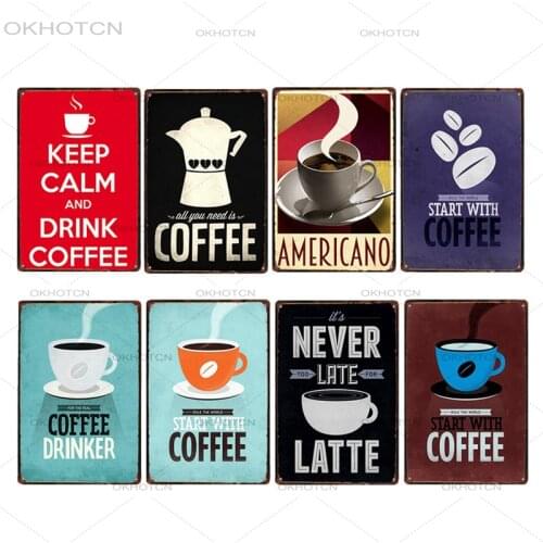 Coffee Sign Vintage Wall Art Decor Plaque Metal Retro Poster Foods Kitchen Decorative Coffee Plates Tin Cafe Decoration 20x30cm