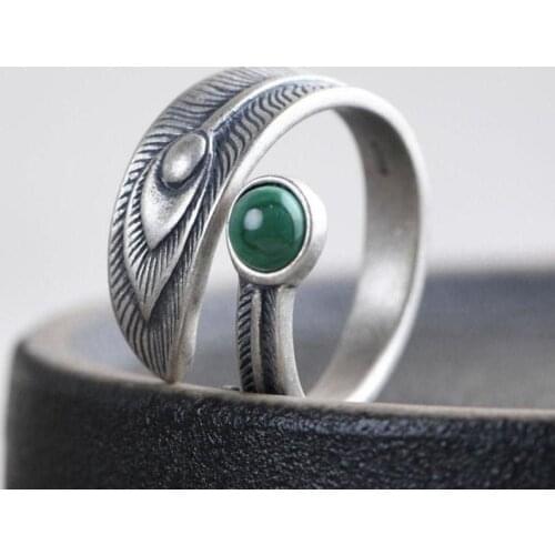 Bohemia Green Beads Stone Tail Open Rings Retro Party Accessories Antique Carved Peacock Feather Metal Finger Ring