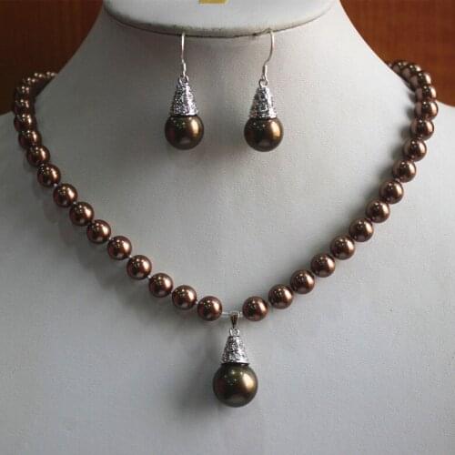 8mm Brown shell pearl necklace 14mm designed earrings and pendant jewelry sets for lady