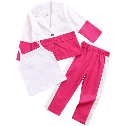 3 Pcs Toddler Color Block Outfits, Girls Single-breasted Tailored Collar Long Sleeve Suit Jacket + Camisole + Pants 2-7T