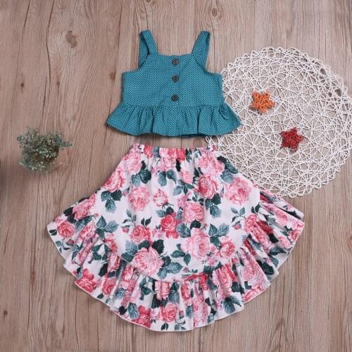 2 Piece Set Girl Summer Clothes Set Floral Skirt Off Shoulder Crop Tops Suit For Girls Sleeveless Tops With Skirt