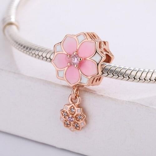 Fashion 925 Sterling Silver CZ Pink Magnolia Flowers Pendant Charm Bracelet DIY Jewelry Making For Original Pandora
