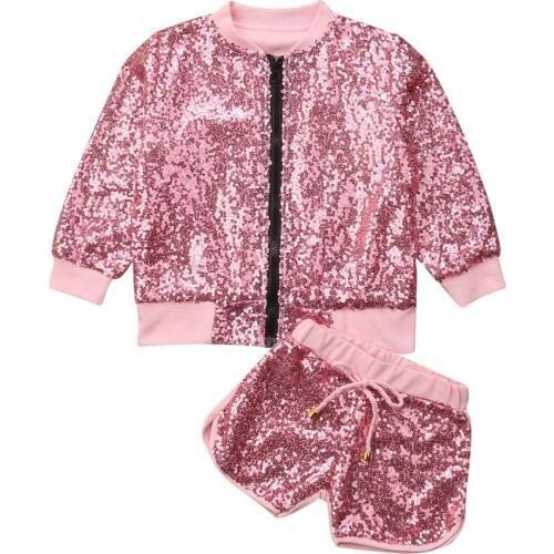 Sequined Fashion Toddler Baby Girls Clothes Sets 2PCS Long Sleeve Zipper Pink Jacket Coat Tops+Shorts Outfit Autumn 1-6Y