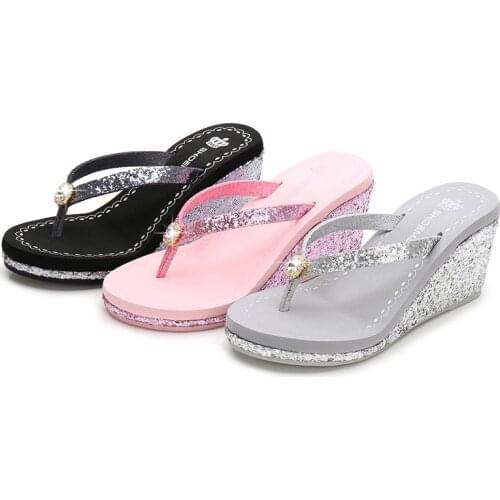 New Women Wedges Shoes Thick Bottom Non-slip Beach Flip Flops Crystal Diamond Sequins Ladies Slippers Brand Casual Sandals