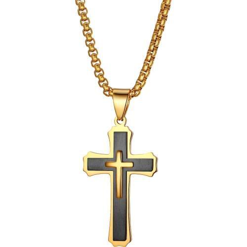 BONISKISS Stainless Steel Silver Color Mens Easter Cross Necklace Unique Crucifix Male Suspension Pendant Chain Choker Colar