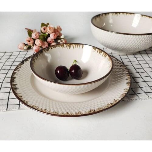 Relief Ceramic Plate Retro Dining Table Main Course Home Fruit Salad Dish Painted Kitchen Tableware Set Plates and Dishes