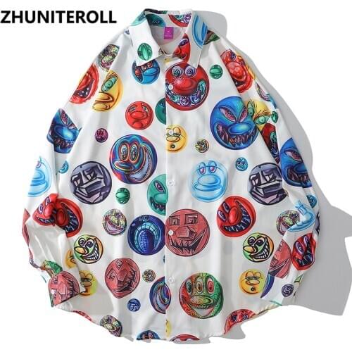 2021 Harajuku Mens Shirts Gothic Joker Face Print Button Down Longsleeve Shirt For Men Streetwear Fashion Hawaiian Beach Tops