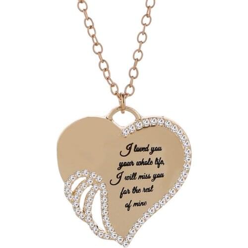 Chic Heart Shape I Love You Pendant Crystal Necklace Hollow Wing Gold Alloy Necklace For Female Girl Party Gift Jewelry