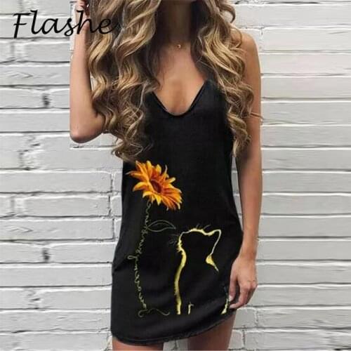 Womens Summer Short Dress 2021 Flowere Cat Print Party Dress Women Boho Sleeveless V Neck Casual Dresses For Women Daily Wear