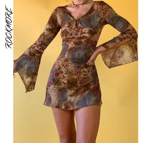 Rockmore Vintage Print Flare Sleeve Dress Women Aesthetic Mini Dresses Autumn Sexy Bodycon V Neck Short Dress Grunge Fairycore