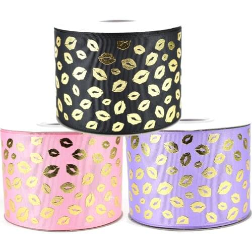 50yards 75mm Gold Foil Lips labbro levres Grosgrain Ribbon Valentine design For DIY Accessories Welcome Custom printed