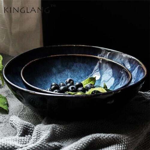 1 pcs KINGLANG Blue Colored 3 Sizes Ceramic Bowls Nordic Salad Noodle Big Soup Bowl Wholesale Restaurant Tableware Supplies