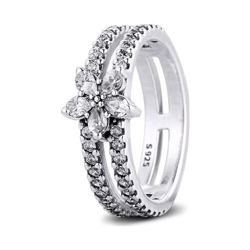 100% 925 Sterling Silver Rings for Women Sparkling Snowflake Double Ring Silver Jewelry Wedding Party Gift 2020