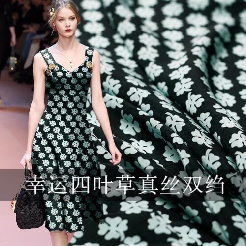 White waxberry 12momme blue Four Leaf Clover printed crepe de chine 100% silk summer dress shirt DIY fabrics Freeshipping