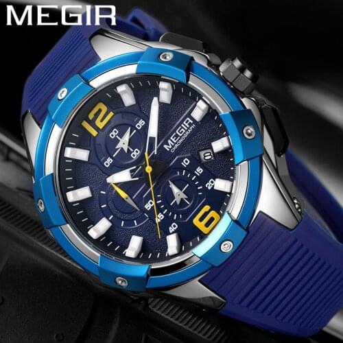 MEGIR New Fashion Watch Men Chronograph Military Male Clock Top Brand Luxury Blue Rubber Band Business Man Sport Wristwatch 2161