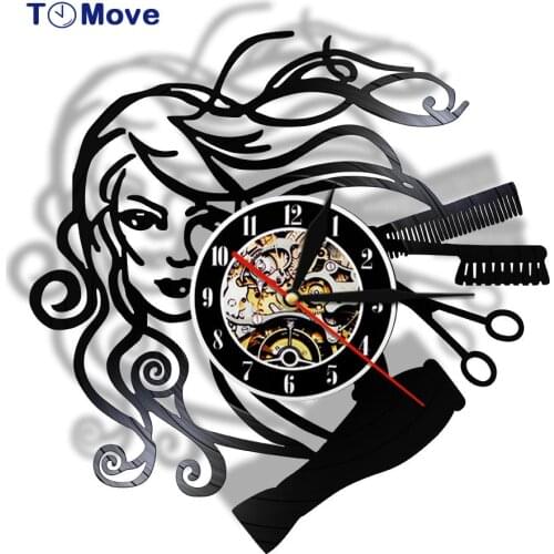 Hairstyle Beauty Salon Wall Clock Hair Stylist Salon Barber Shop Retro Black Vinyl Record Wall Clock Hairdresser Gifts for Woman