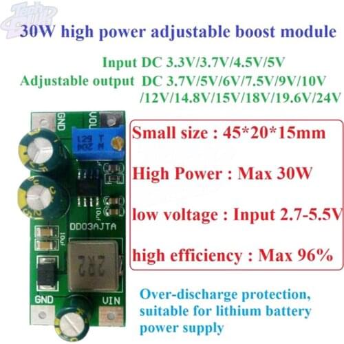 DC-DC Boost Converter 6A DC 2.7-5.5V to 3.5-24V 30W High-power Adjustable Step-Up Module for Iithium Battery Power Supply