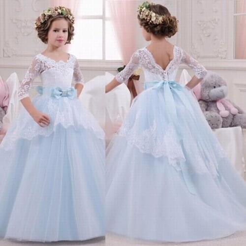 Blue Kids Flower Girl Dresses with Half Sleeves Girls Pageant Floor Length Ball Gown Prom Dress First Communion Dress For Girls