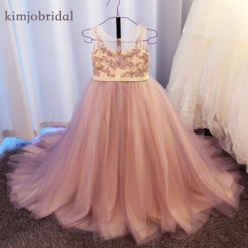 Actual pink flower girls dresses 2020 sheer lace appliques ball gown beaded little girls party dresses real picture