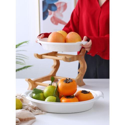 Ceramic fruit plate creative modern living room simple candy dish double basket bamboo wooden frame combination