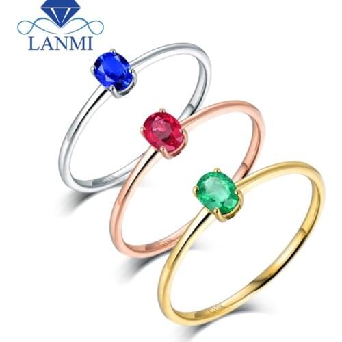 Oval Real 18K White Gold Green Emerald, Blue Sapphire, Red Ruby Engagement Ring Wife Fine Jewelry Birthday Mom Christmas Gift