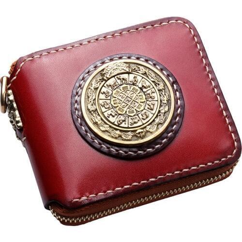 Short Cow Leather Delicate Pendant Wallets Purses Women Design Of metal Disk Vegetable Tanned Leather Wallet Card Holder