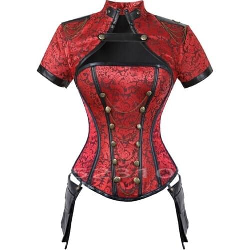 Black Red Steampunk Korse Sexy Corset Steel Bone Women Burlesque Gothic Clothing Top Punk Fancy Sexy Medieval Bustiers Set
