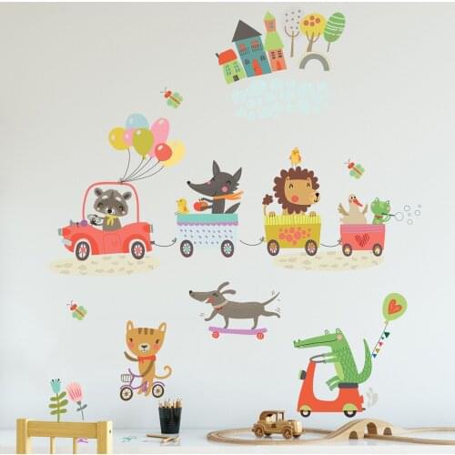 Animal train scooter wall stickers childrens room living room background wall decoration stickers bedroom decor
