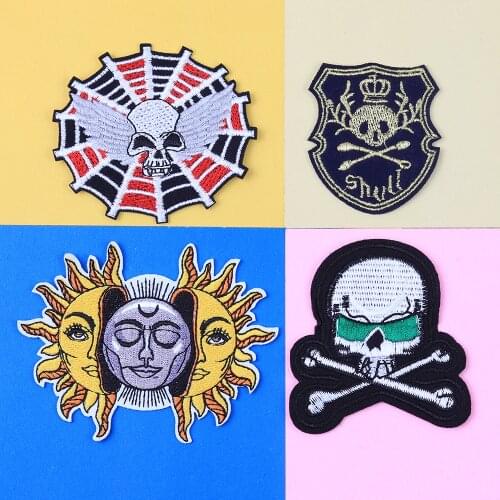 Punk The sun and the moon Embroidery spider web Skull Patches Iron T-Shirt Sew on Fabric Clothes Skeleton Skull Appliques